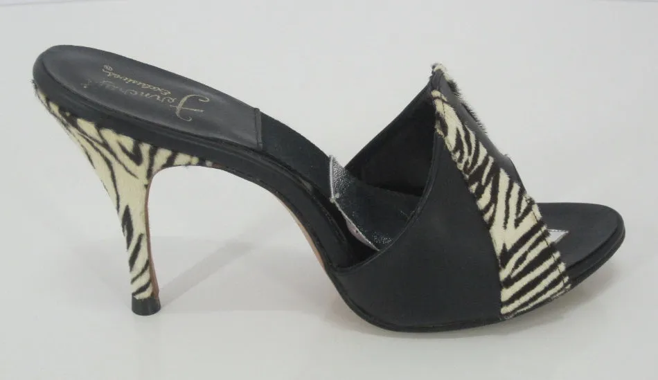  Vintage 50's 60's Zebra & Black Leather Springolator Mules Heels Shoes 6.5 7