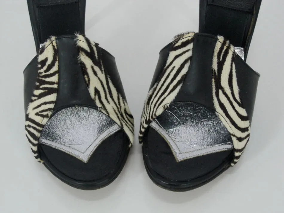  Vintage 50's 60's Zebra & Black Leather Springolator Mules Heels Shoes 6.5 7