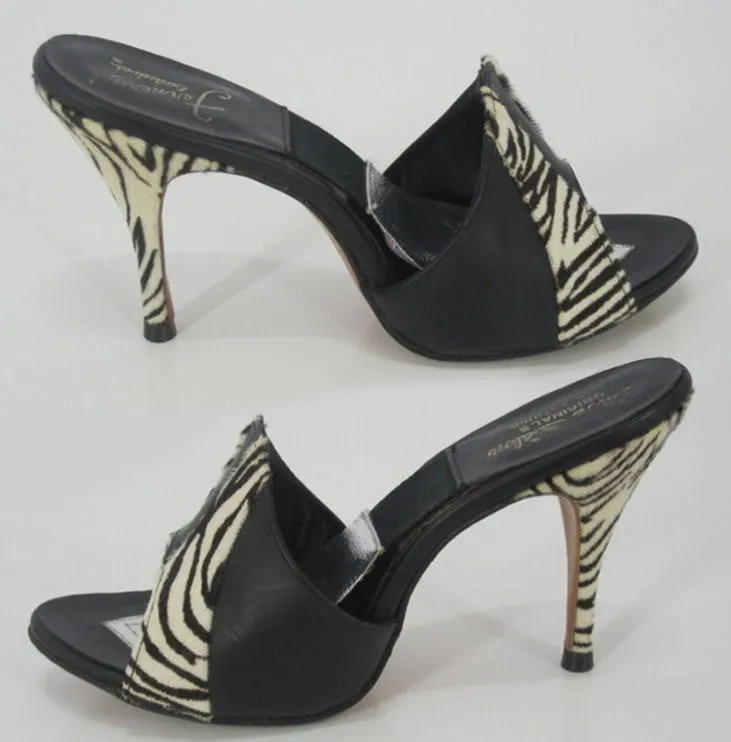  Vintage 50's 60's Zebra & Black Leather Springolator Mules Heels Shoes 6.5 7