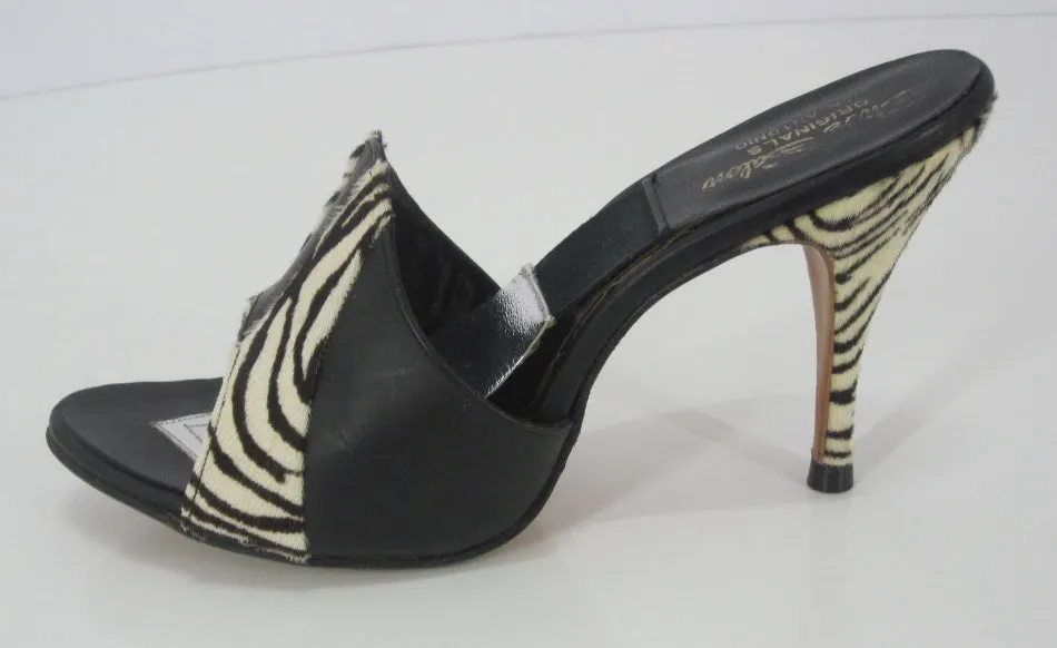  Vintage 50's 60's Zebra & Black Leather Springolator Mules Heels Shoes 6.5 7