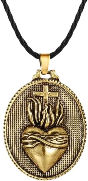 Vintage Christian Sacred Heart Of Jesus Cross Pendant Necklace Retro Men's Gold Color Catholic Religious Pendant Chain Necklace DANS02401
