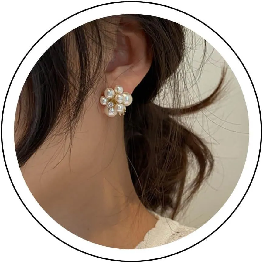 Vintage Cluster Pearl Stud Earrings Gold Cz Pearl Earrings Bridal Pearl Cluster Earrings Pearl Crystal Earrings Pearl Statement Earrings Jewelry For Women