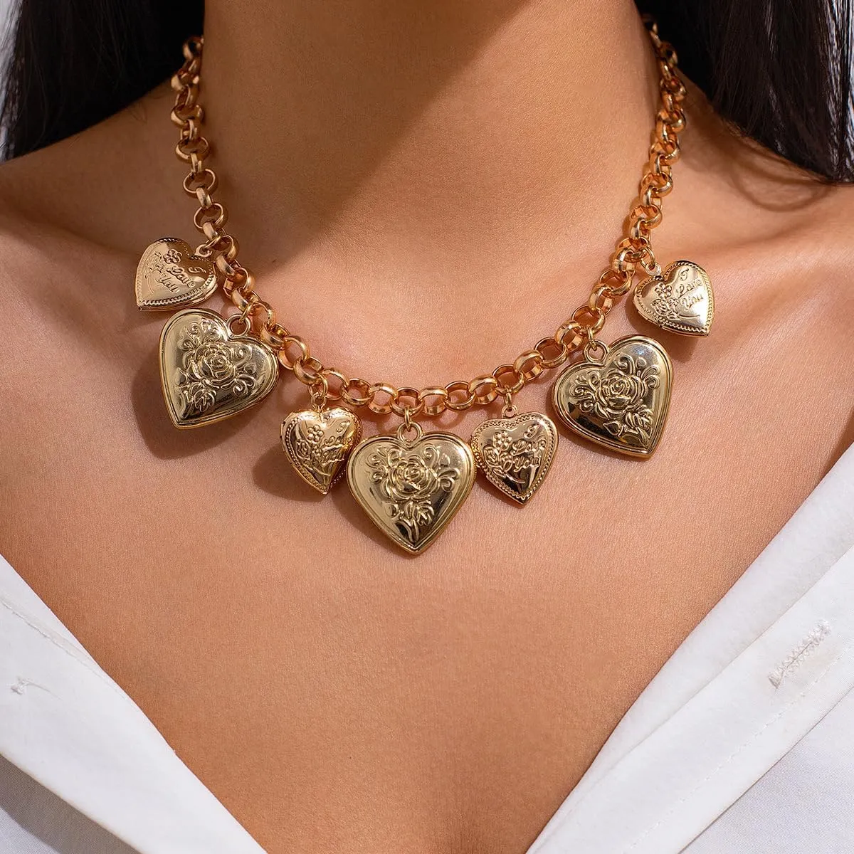 Vintage Hearts Charm Necklaces for Women With Different Heart Charms Charm Puffy Heart Necklace