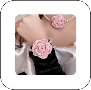 Vintage Imitation Pearl Bracelet with Rose Flower Charm Dainty Pearl Wrist Band Boho Rose Hand Accessories for Women Bridal Wedding Prom Festival