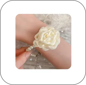 Vintage Imitation Pearl Bracelet with Rose Flower Charm Dainty Pearl Wrist Band Boho Rose Hand Accessories for Women Bridal Wedding Prom Festival