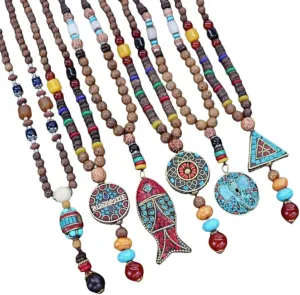 Vintage Nepal Long Buddhist Mala Wood Beaded Pendant & Necklace Ethnic Bohemian Elephant Buddha Lucky Jewelry For Women Men DANS03038