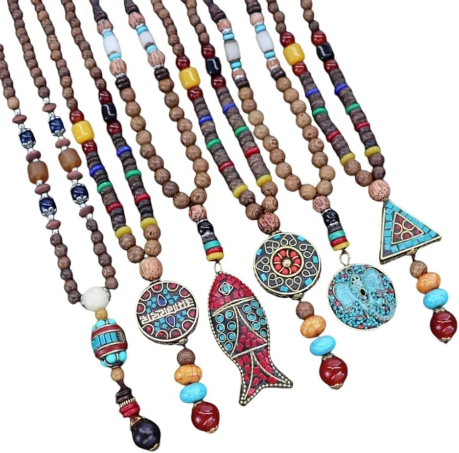 Vintage Nepal Long Buddhist Mala Wood Beaded Pendant & Necklace Ethnic Bohemian Elephant Buddha Lucky Jewelry For Women Men DANS03038