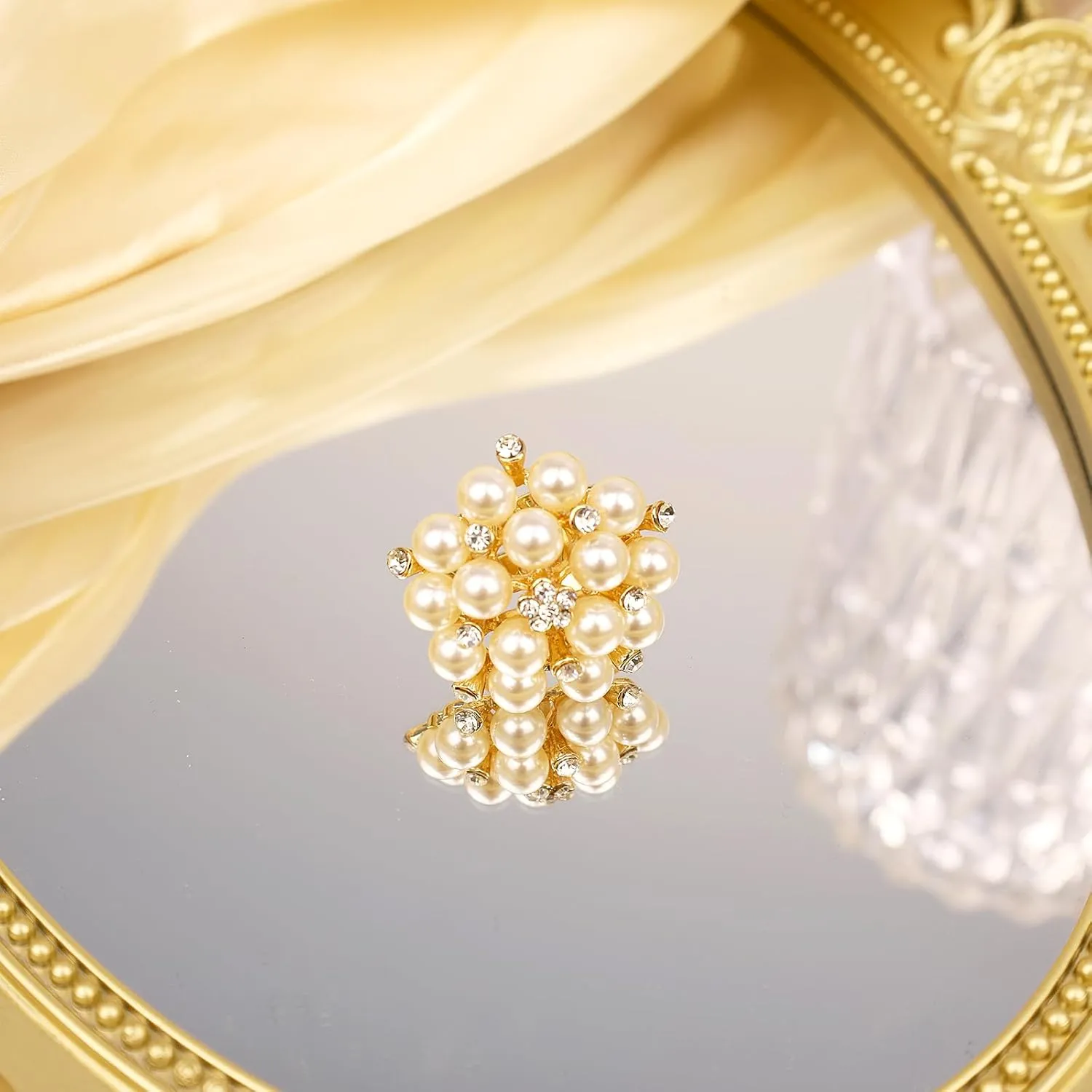Vintage Pearl Ring for Women Big Promise Stacking Pearl Crystal Cluster Flower Rings Adjustable Open Finger Ring 1920s Pearl Statement Jewelry for Bridal Wedding Prom