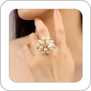 Vintage Pearl Ring for Women Big Promise Stacking Pearl Crystal Cluster Flower Rings Adjustable Open Finger Ring 1920s Pearl Statement Jewelry for Bridal Wedding Prom