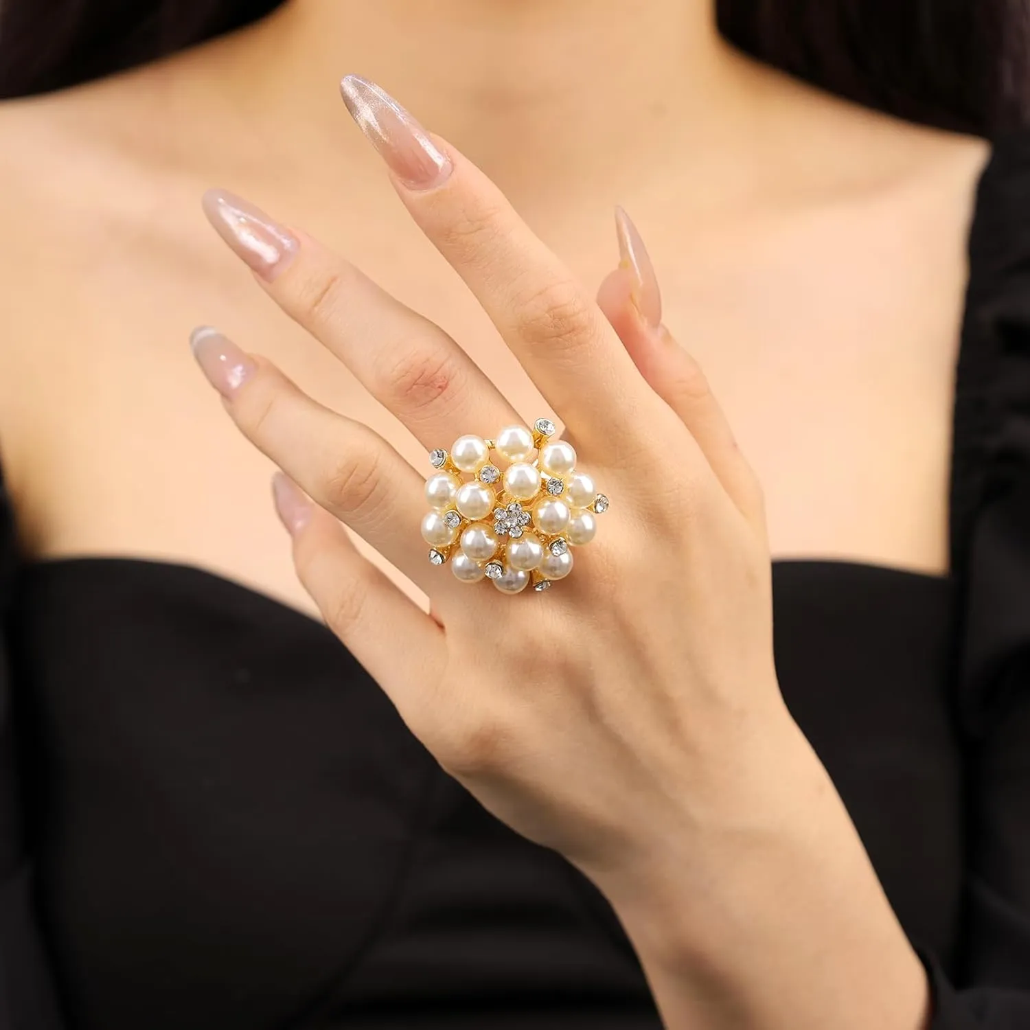 Vintage Pearl Ring for Women Big Promise Stacking Pearl Crystal Cluster Flower Rings Adjustable Open Finger Ring 1920s Pearl Statement Jewelry for Bridal Wedding Prom