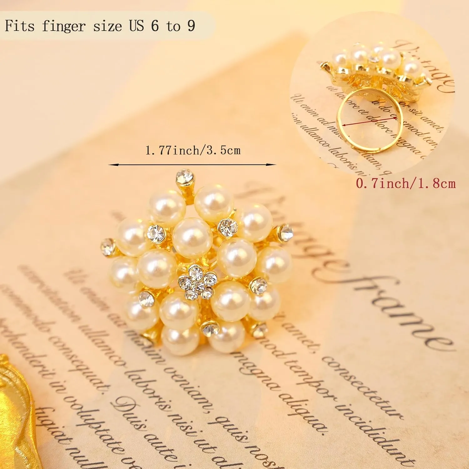 Vintage Pearl Ring for Women Big Promise Stacking Pearl Crystal Cluster Flower Rings Adjustable Open Finger Ring 1920s Pearl Statement Jewelry for Bridal Wedding Prom