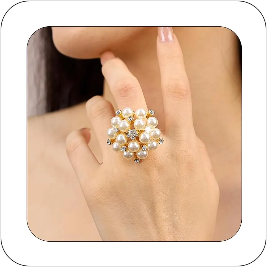 Vintage Pearl Ring for Women Big Promise Stacking Pearl Crystal Cluster Flower Rings Adjustable Open Finger Ring 1920s Pearl Statement Jewelry for Bridal Wedding Prom