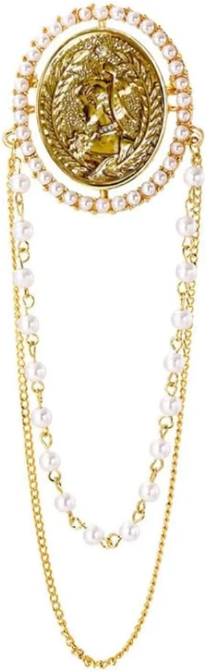 Vintage Pearl Tassel Chain Brooches Lapel Pins For Women Delicate Beauty Queen Cameo Badge Party Dance Banquet Dainty Boho Gold Dangle Drop Pin Dress Suit Clothes Corsage Accessories Jewelry Gifts