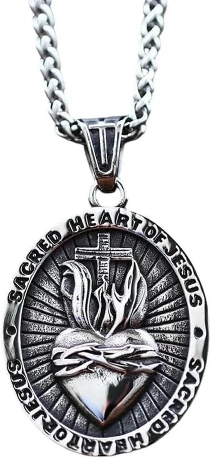 Vintage St. Christopher Stainless Steel Heart Of Jesus Cross Pendant Necklace For Men Amulet Catholic Necklace Jewelry DANS01884