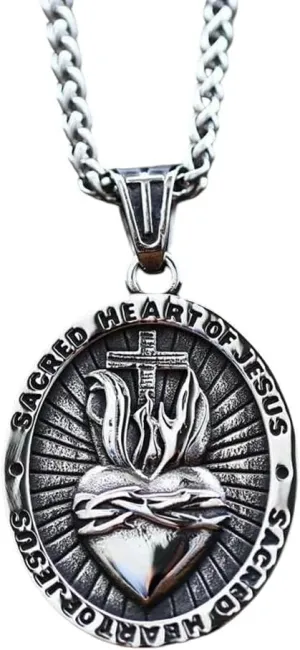 Vintage St. Christopher Stainless Steel Heart Of Jesus Cross Pendant Necklace For Men Amulet Catholic Necklace Jewelry DANS01884