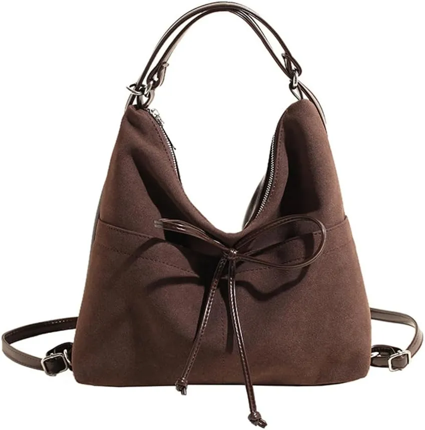 Vintage Suede Bow Tote Bag Chic Underarm Purse Satchel Casual Shoulder Bag Backpacks Crossbody Hobo Bag for Women Girls