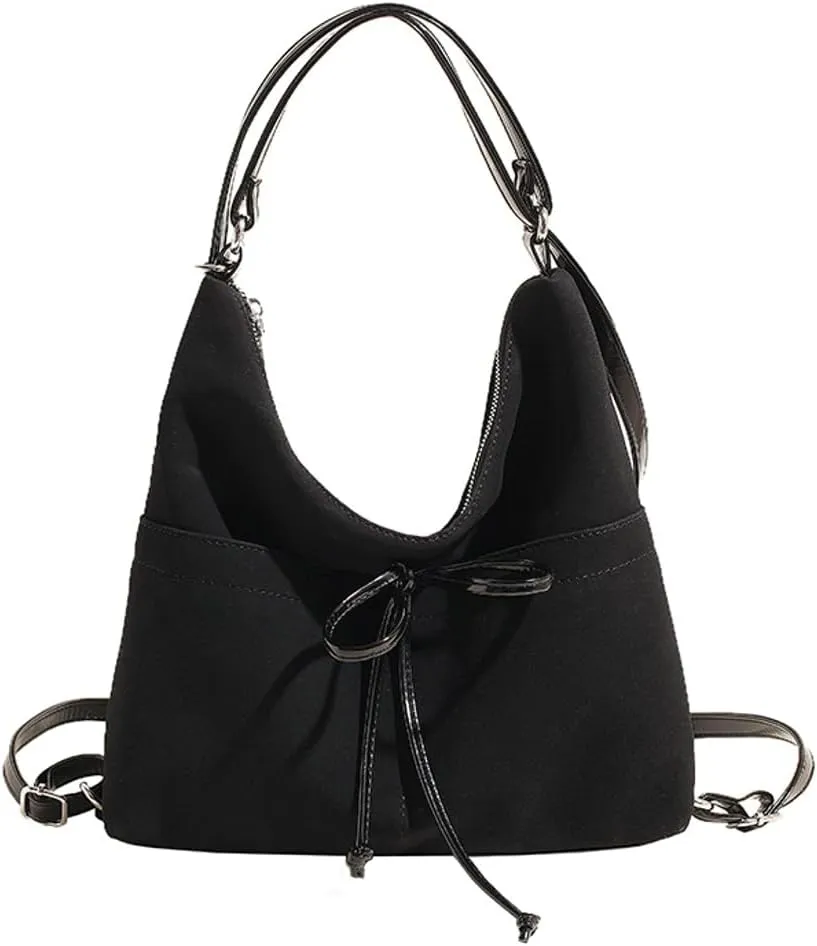 Vintage Suede Bow Tote Bag Chic Underarm Purse Satchel Casual Shoulder Bag Backpacks Crossbody Hobo Bag for Women Girls