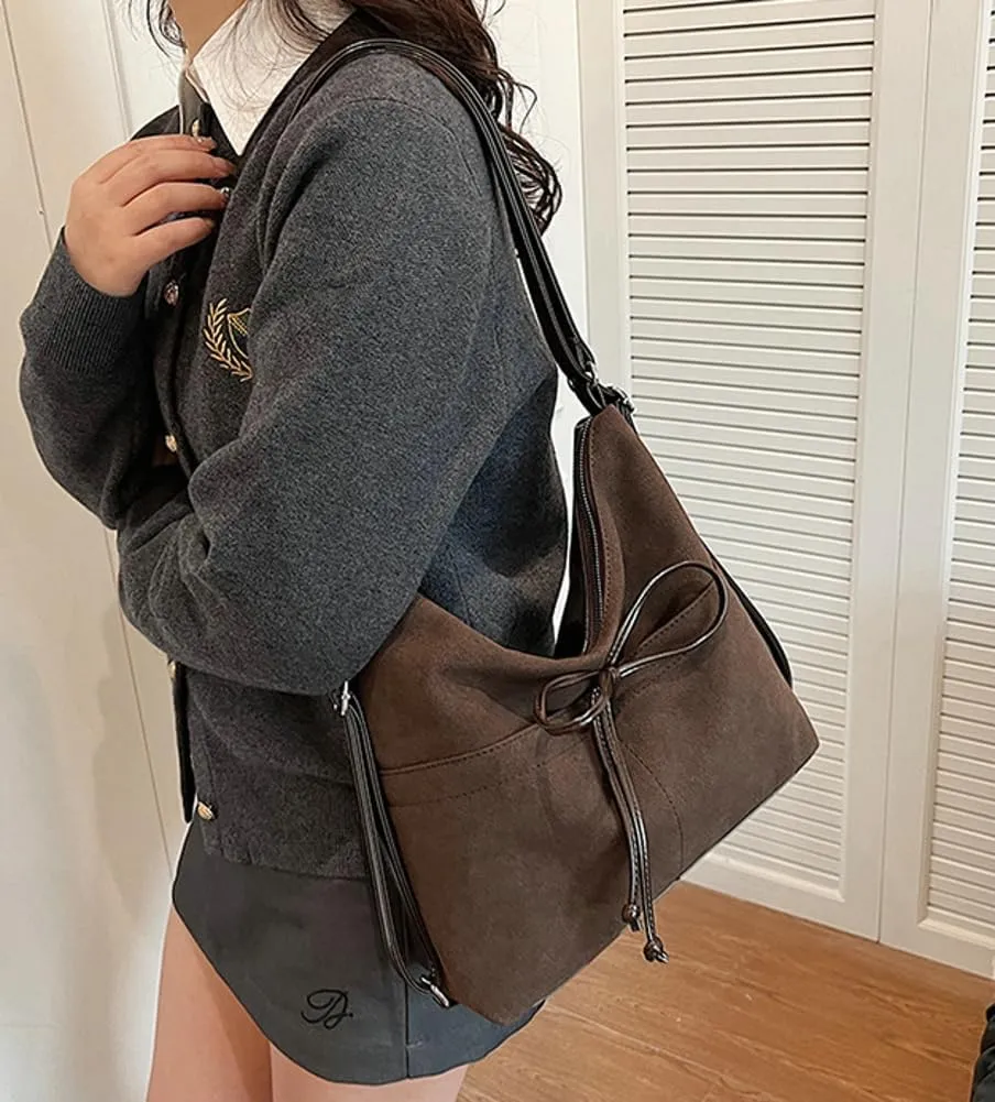Vintage Suede Bow Tote Bag Chic Underarm Purse Satchel Casual Shoulder Bag Backpacks Crossbody Hobo Bag for Women Girls