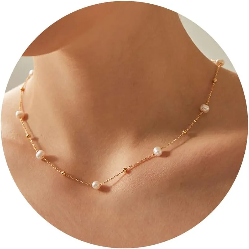 VRIUA Pearl Necklaces for Women - 14k Gold Plated Dainty Gold Pearl Necklace Simple Everyday Minimalist Necklaces for Women