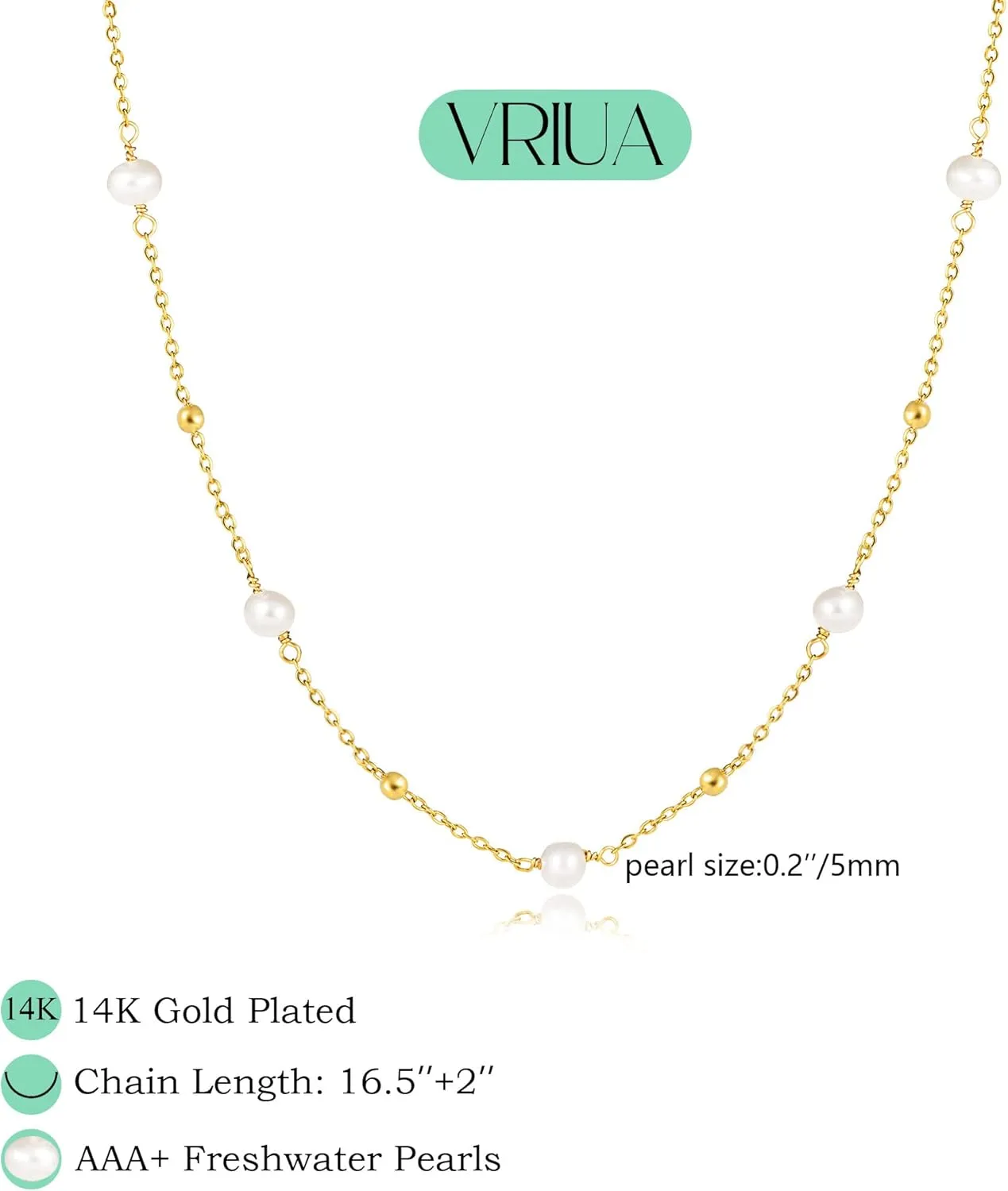 VRIUA Pearl Necklaces for Women - 14k Gold Plated Dainty Gold Pearl Necklace Simple Everyday Minimalist Necklaces for Women