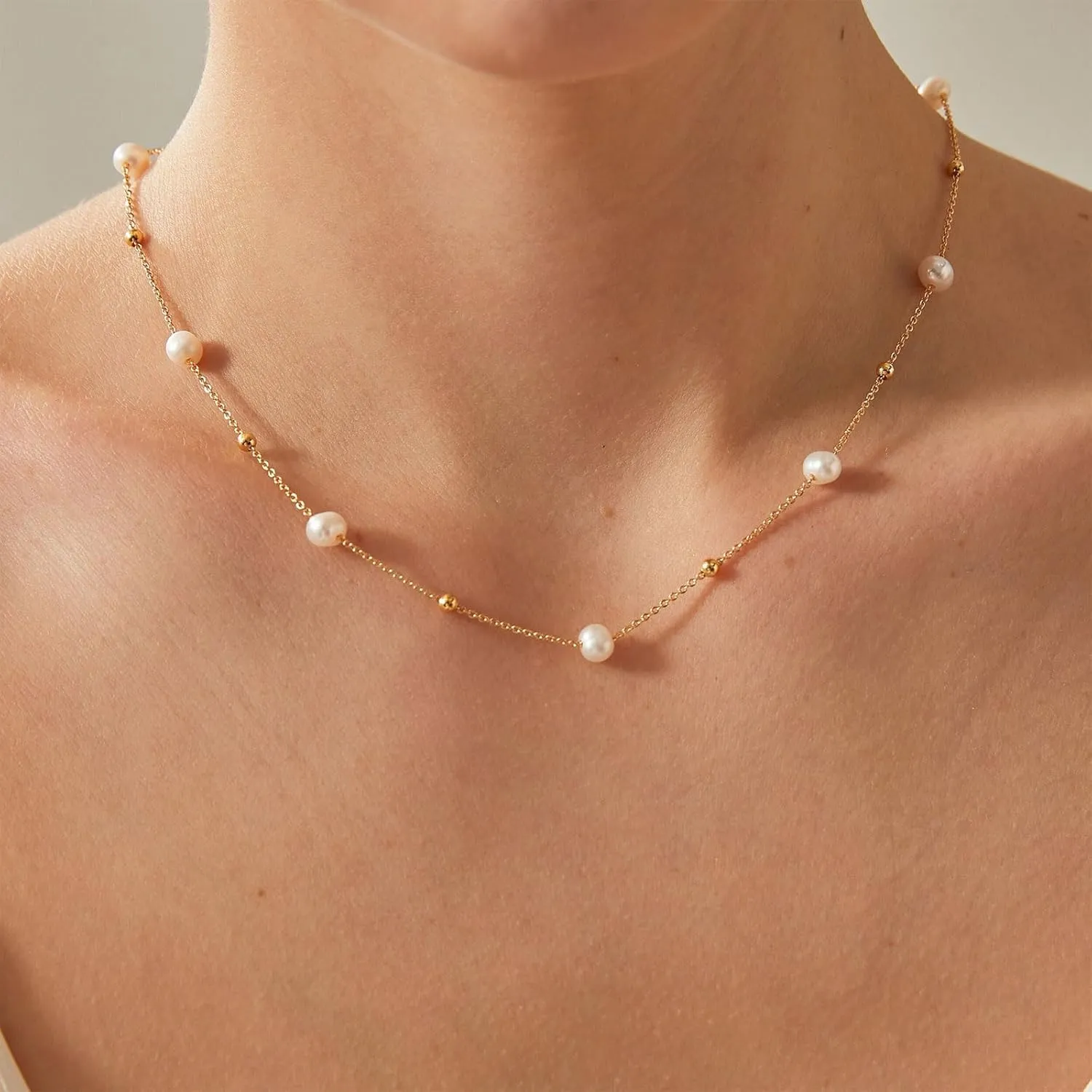 VRIUA Pearl Necklaces for Women - 14k Gold Plated Dainty Gold Pearl Necklace Simple Everyday Minimalist Necklaces for Women