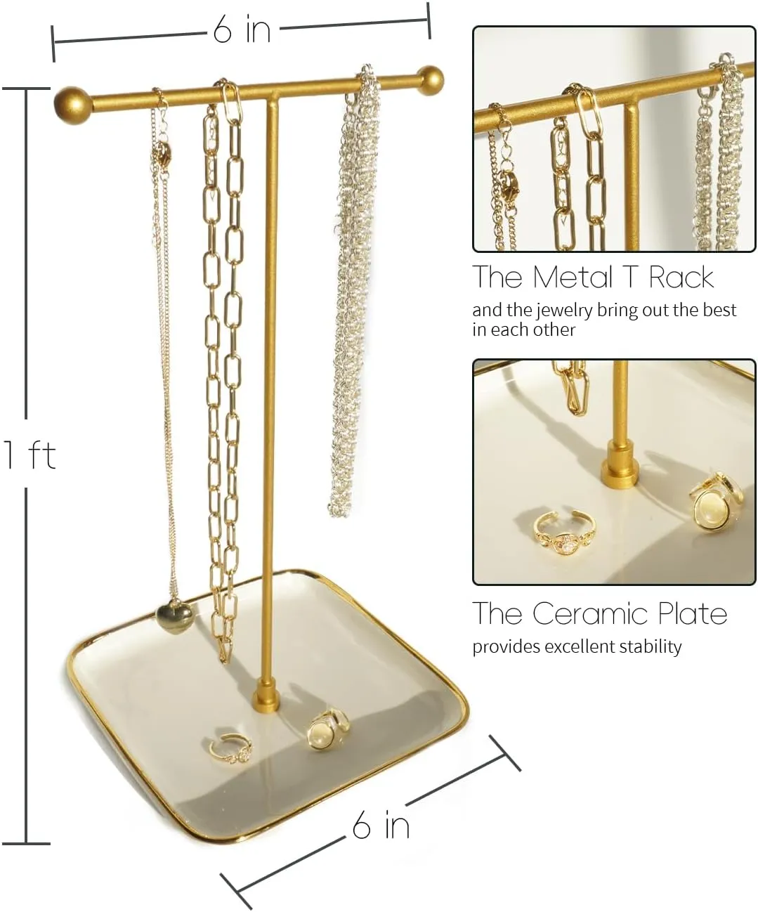 VROOMIUM Necklace Holder- Ceramic Base 1ft Height Jewelry Organizer Stand, Aesthetic Jewelry Hanger Display for Necklaces, Bracelets, Rings, Exhibidor de Collares-Classic White