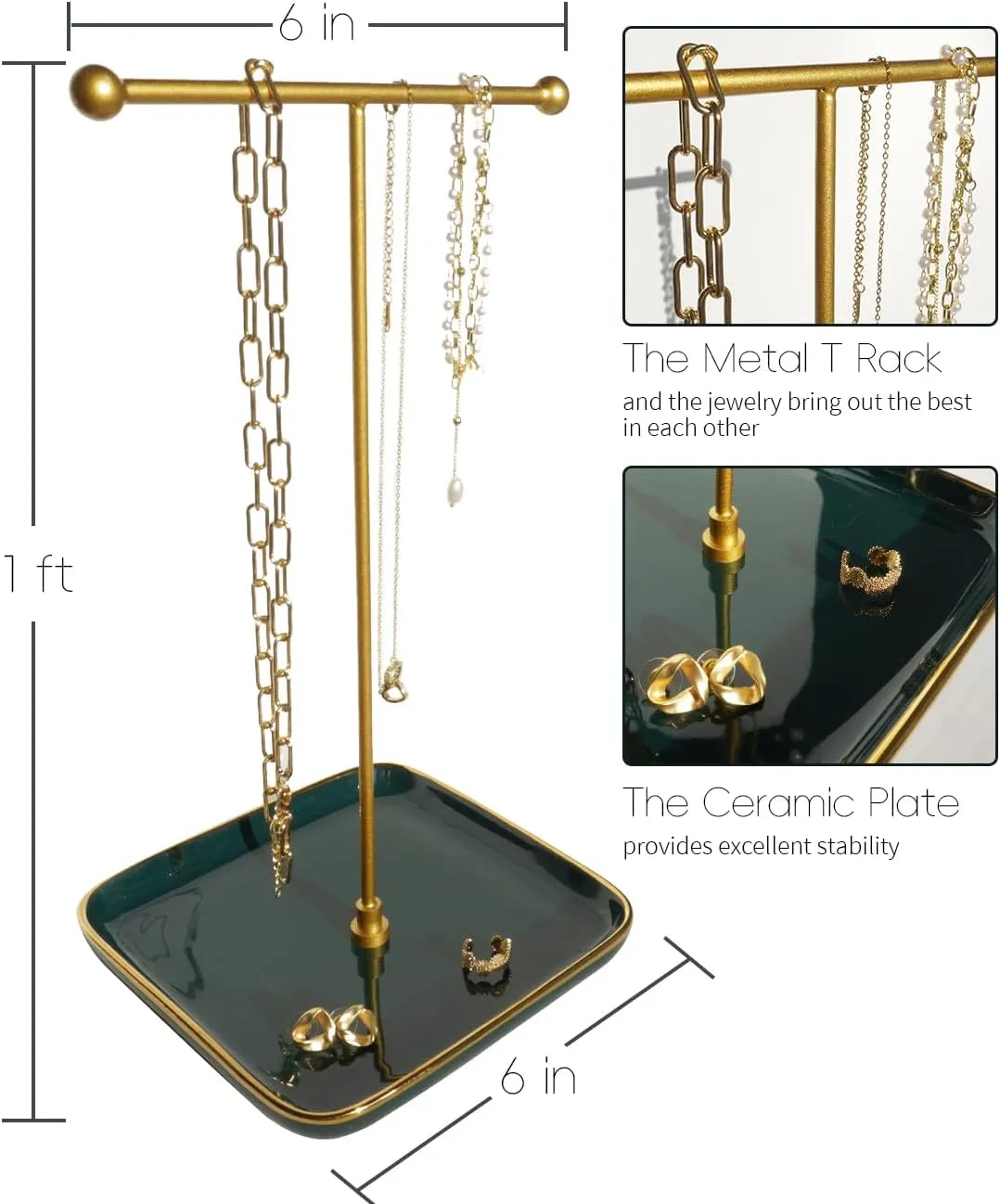 VROOMIUM Necklace Holder- Ceramic Base 1ft Height Jewelry Organizer Stand, Aesthetic Jewelry Hanger Display for Necklaces, Bracelets, Rings, Exhibidor de Collares-Elegant Green