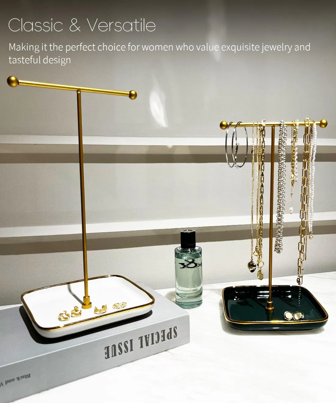 VROOMIUM Necklace Holder- Ceramic Base 1ft Height Jewelry Organizer Stand, Aesthetic Jewelry Hanger Display for Necklaces, Bracelets, Rings, Exhibidor de Collares-Elegant Green