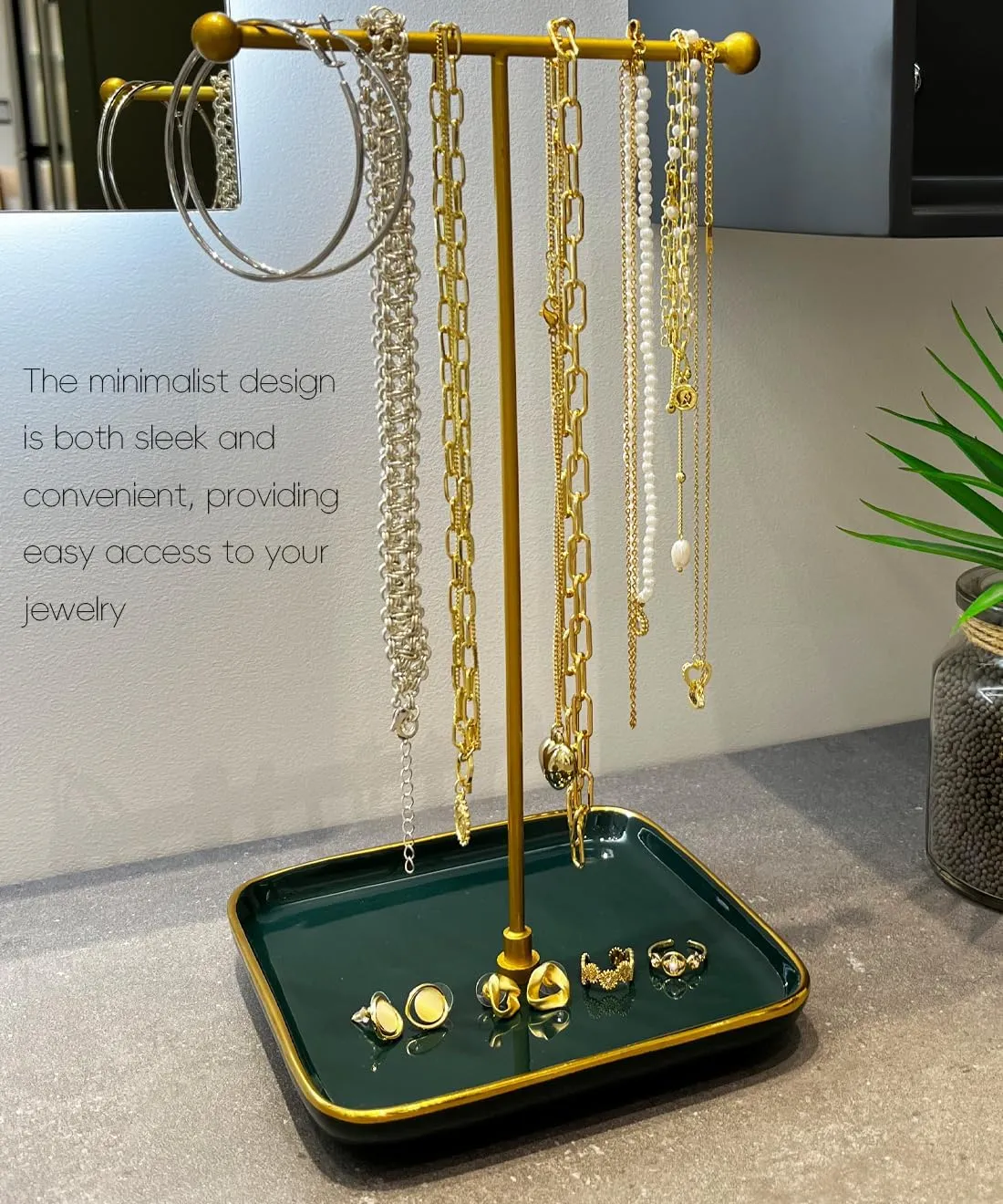 VROOMIUM Necklace Holder- Ceramic Base 1ft Height Jewelry Organizer Stand, Aesthetic Jewelry Hanger Display for Necklaces, Bracelets, Rings, Exhibidor de Collares-Elegant Green