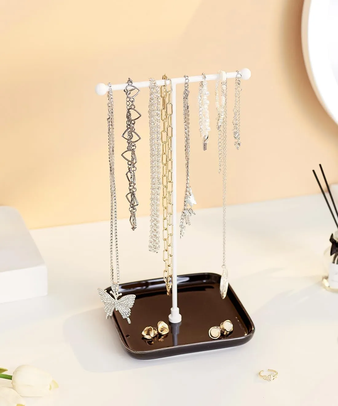 VROOMIUM Necklace Holder- Ceramic Base 1ft Height Jewelry Organizer Stand, Aesthetic Jewelry Hanger Display for Necklaces, Bracelets, Rings, Exhibidor de Collares-Minimalist Black
