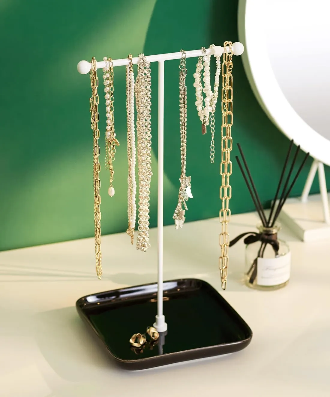 VROOMIUM Necklace Holder- Ceramic Base 1ft Height Jewelry Organizer Stand, Aesthetic Jewelry Hanger Display for Necklaces, Bracelets, Rings, Exhibidor de Collares-Minimalist Black