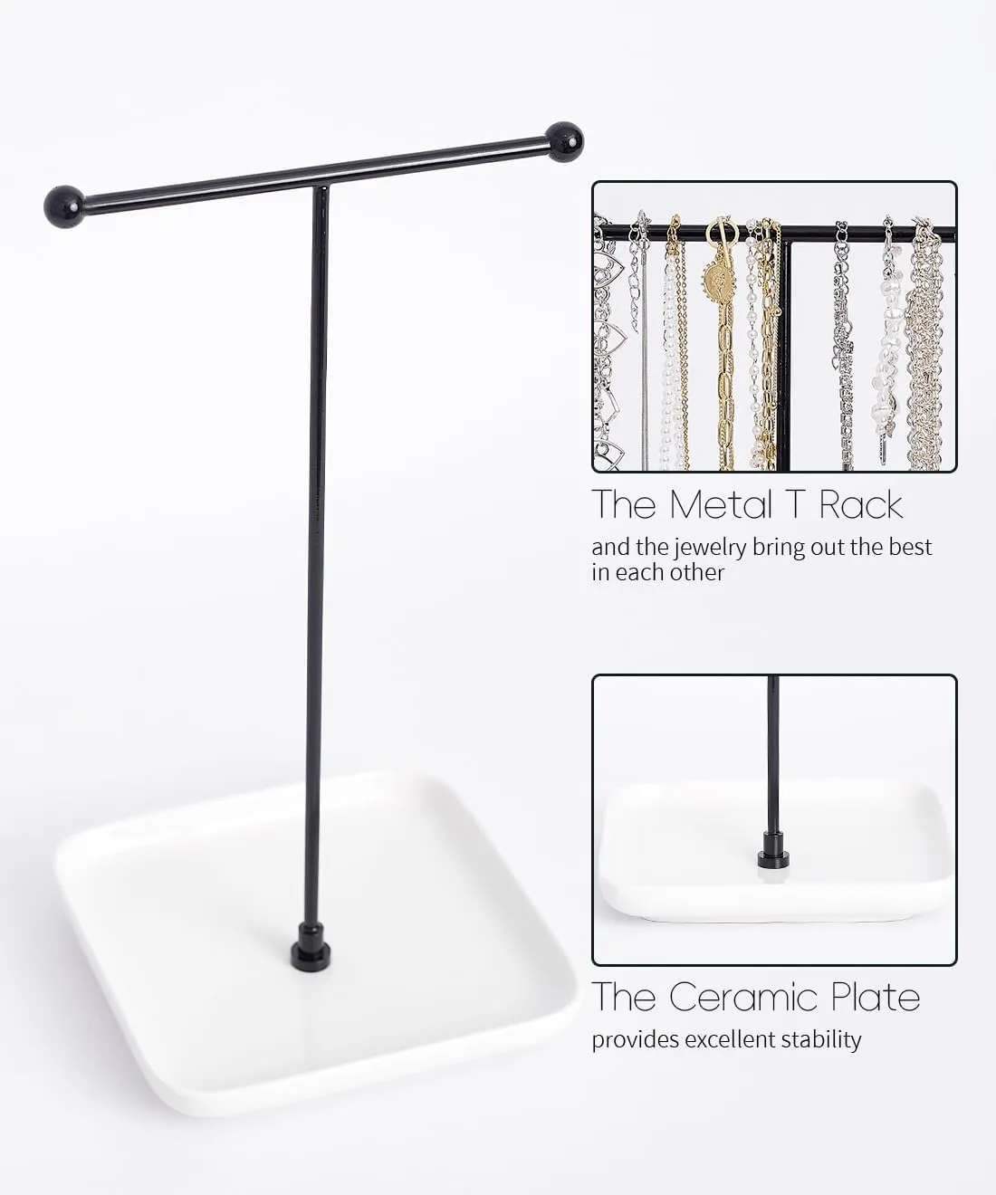 VROOMIUM Necklace Holder- Ceramic Base 1ft Height Jewelry Organizer Stand, Aesthetic Jewelry Hanger Display for Necklaces, Bracelets, Rings, Exhibidor de Collares-Minimalist White