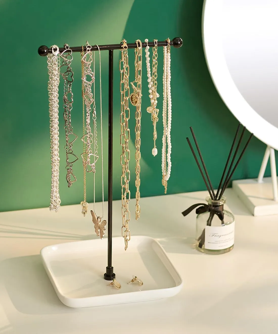 VROOMIUM Necklace Holder- Ceramic Base 1ft Height Jewelry Organizer Stand, Aesthetic Jewelry Hanger Display for Necklaces, Bracelets, Rings, Exhibidor de Collares-Minimalist White