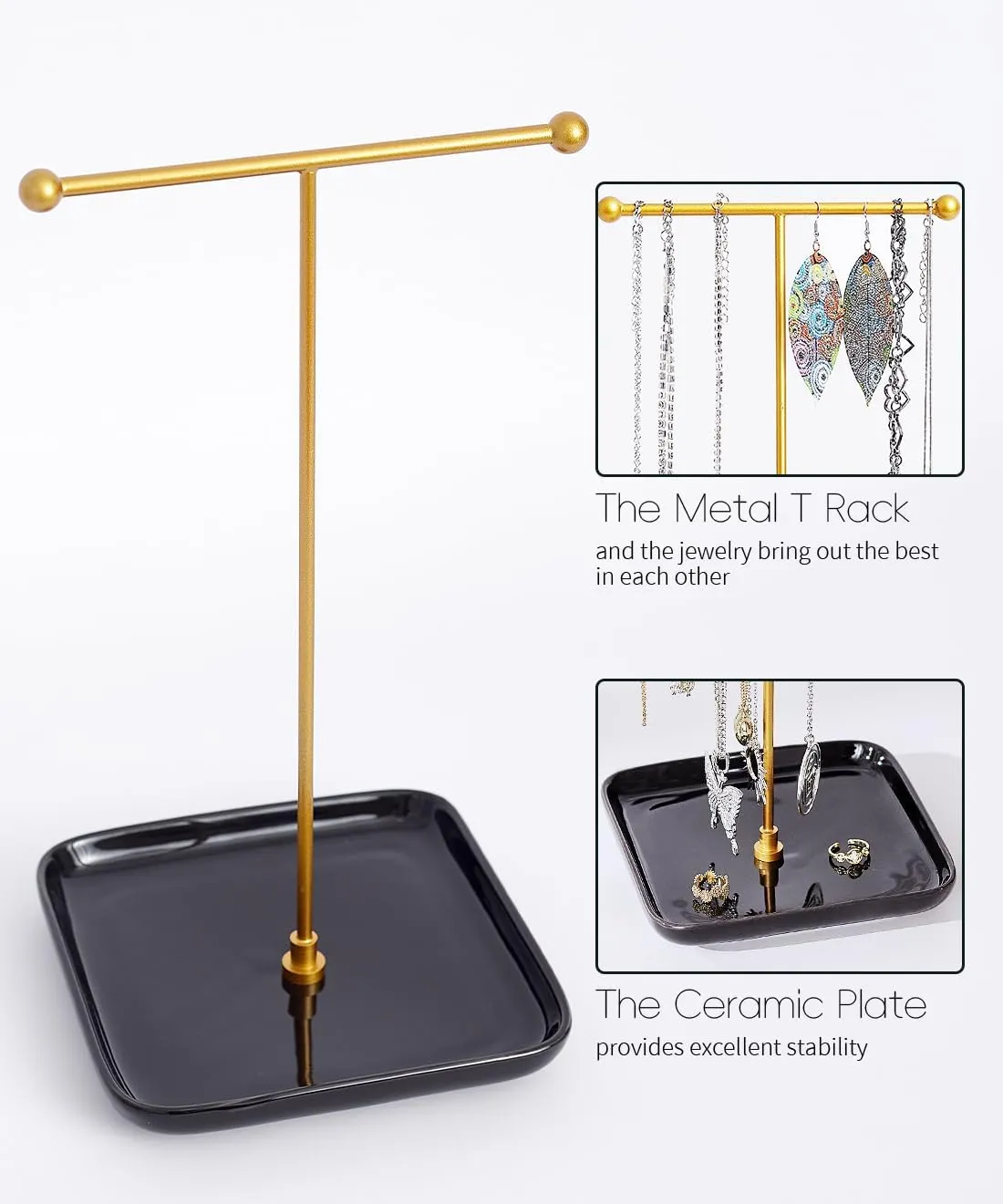 VROOMIUM Necklace Holder- Ceramic Base 1ft Height Jewelry Organizer Stand, Aesthetic Jewelry Hanger Display for Necklaces, Bracelets, Rings, Exhibidor de Collares-Mysterious Black