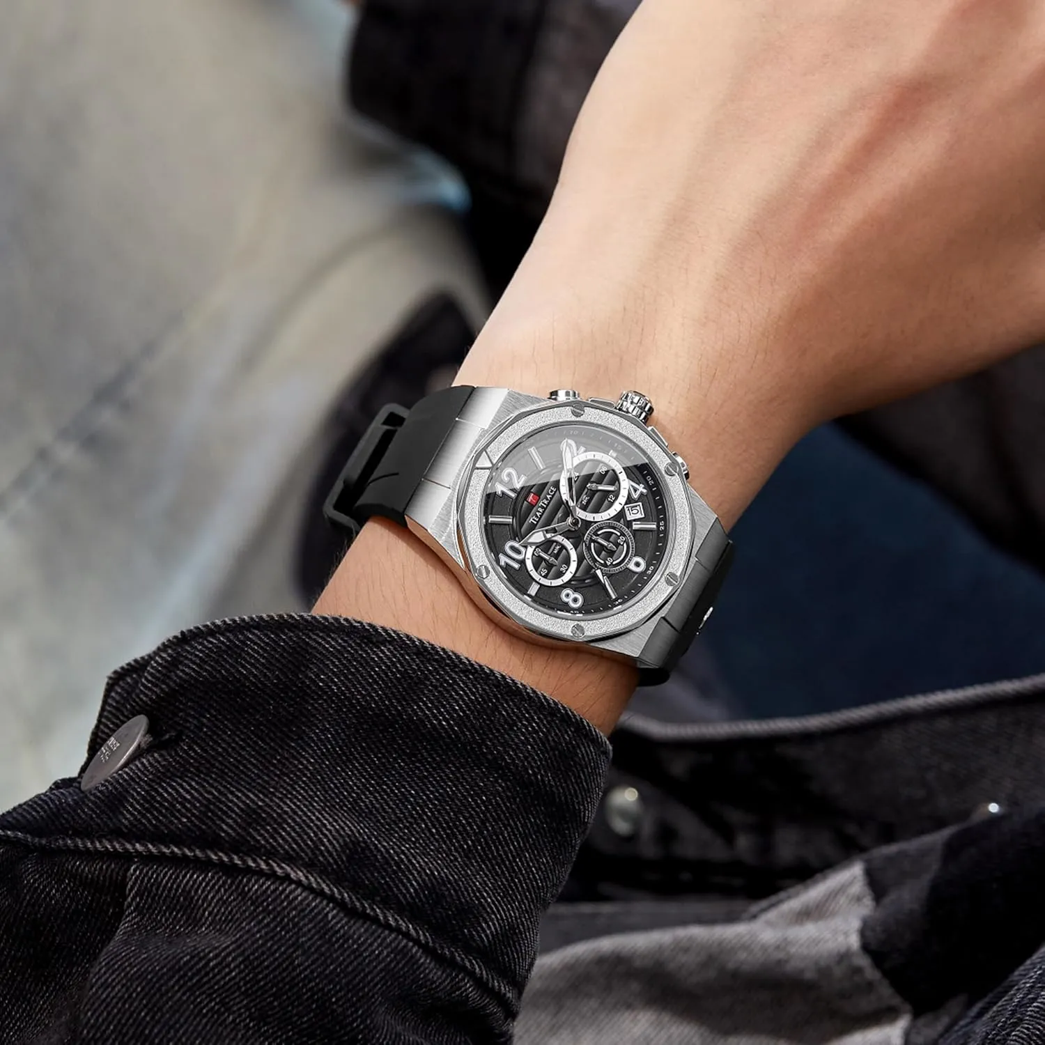 Watches for Men Luxury Chronograph 3ATM Waterproof Quartz Sport Wrist Watches Multifunctional with Silicone Strap Casual Work Mens Watches