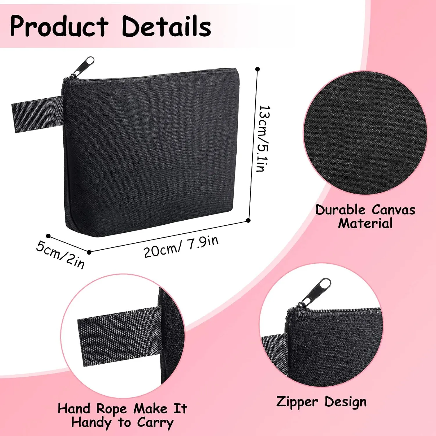 Weewooday 12 Pieces Sublimation Zipper Pouch Blank DIY Canvas Makeup Bags for Women Plain Cosmetic Pouch with Zipper for Travel Wedding Teacher Women Toiletry Makeup Cosmetic Stationery(Black)