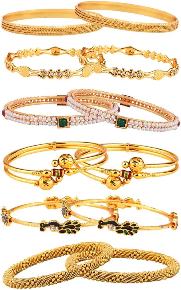 Women Combo Of Designer Victoria Bangles, Pearls Bangles, Trendy Gold Plated and Coinage Bangles - Pack Of 12 (2.4)