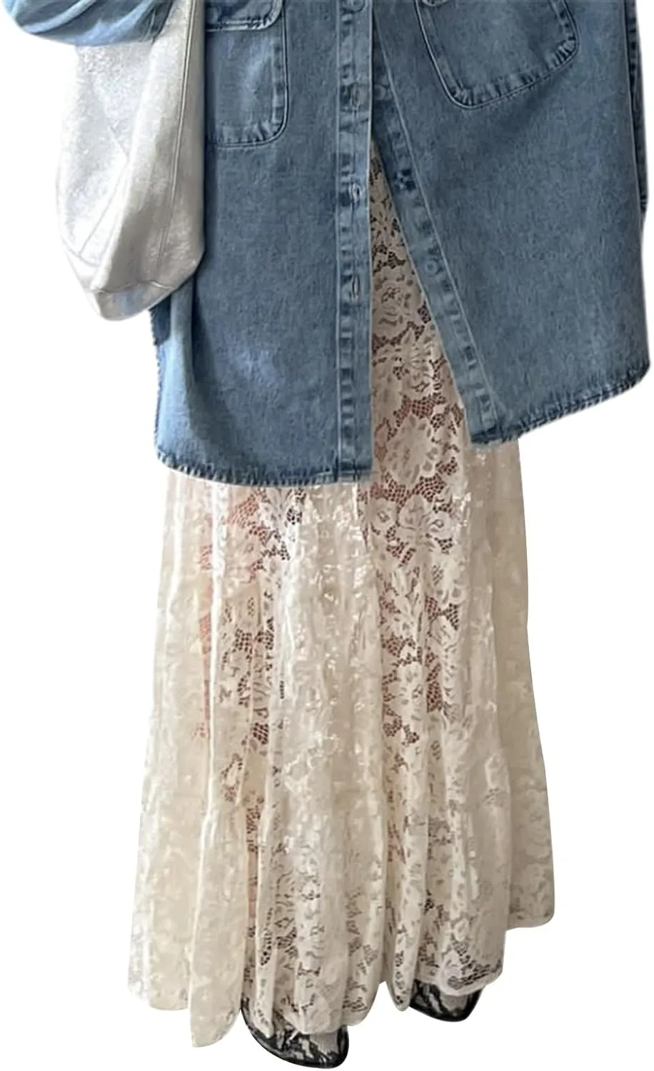 Women Crochet Knit Maxi Skirt Boho Eyelet Embroidery Ruffle Long Skirts Elastic Waist Flowy A-Line Beach Maxi Skirt