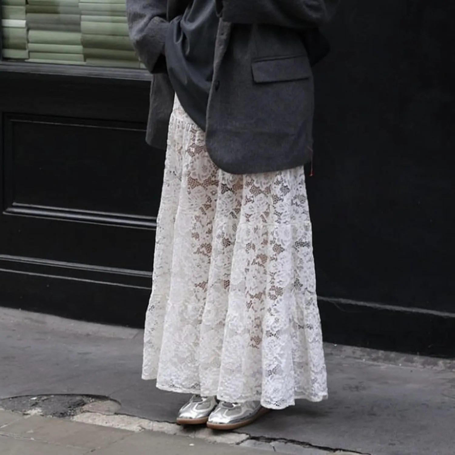 Women Crochet Knit Maxi Skirt Boho Eyelet Embroidery Ruffle Long Skirts Elastic Waist Flowy A-Line Beach Maxi Skirt