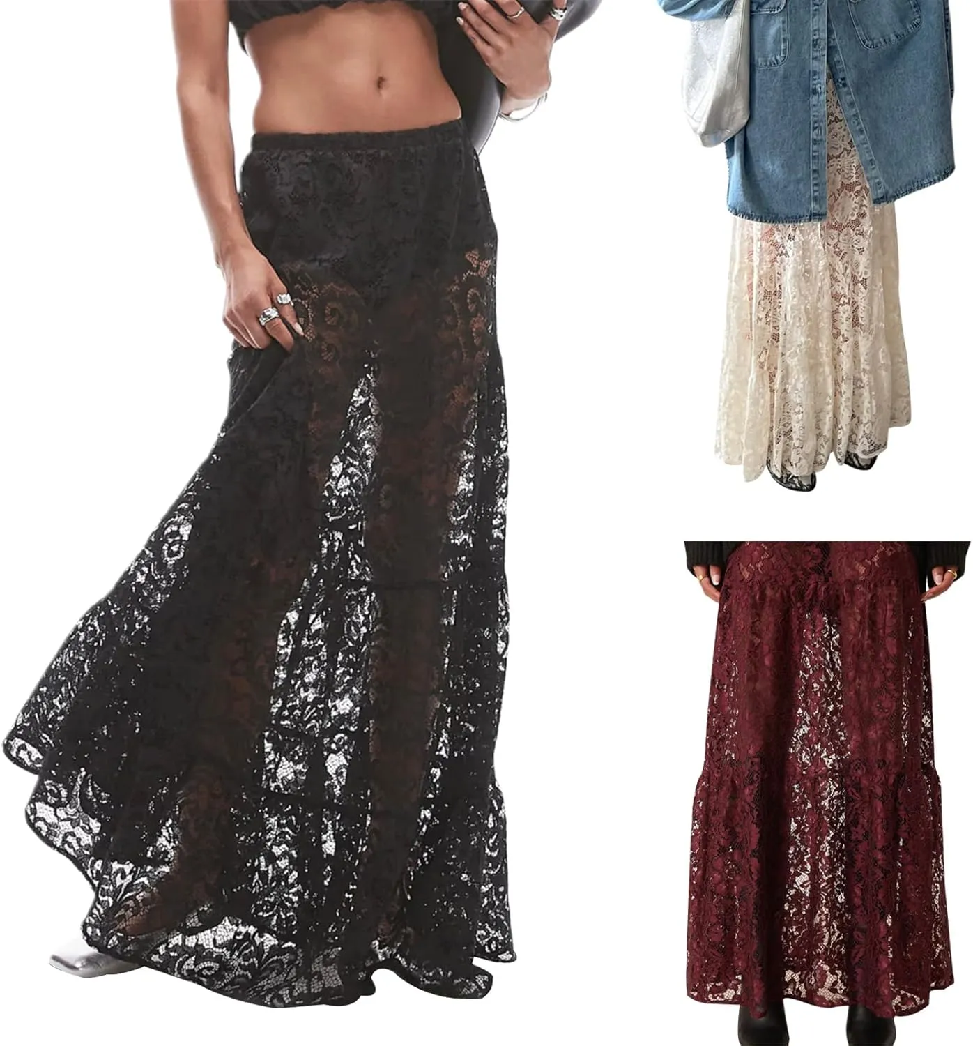 Women Crochet Knit Maxi Skirt Boho Eyelet Embroidery Ruffle Long Skirts Elastic Waist Flowy A-Line Beach Maxi Skirt
