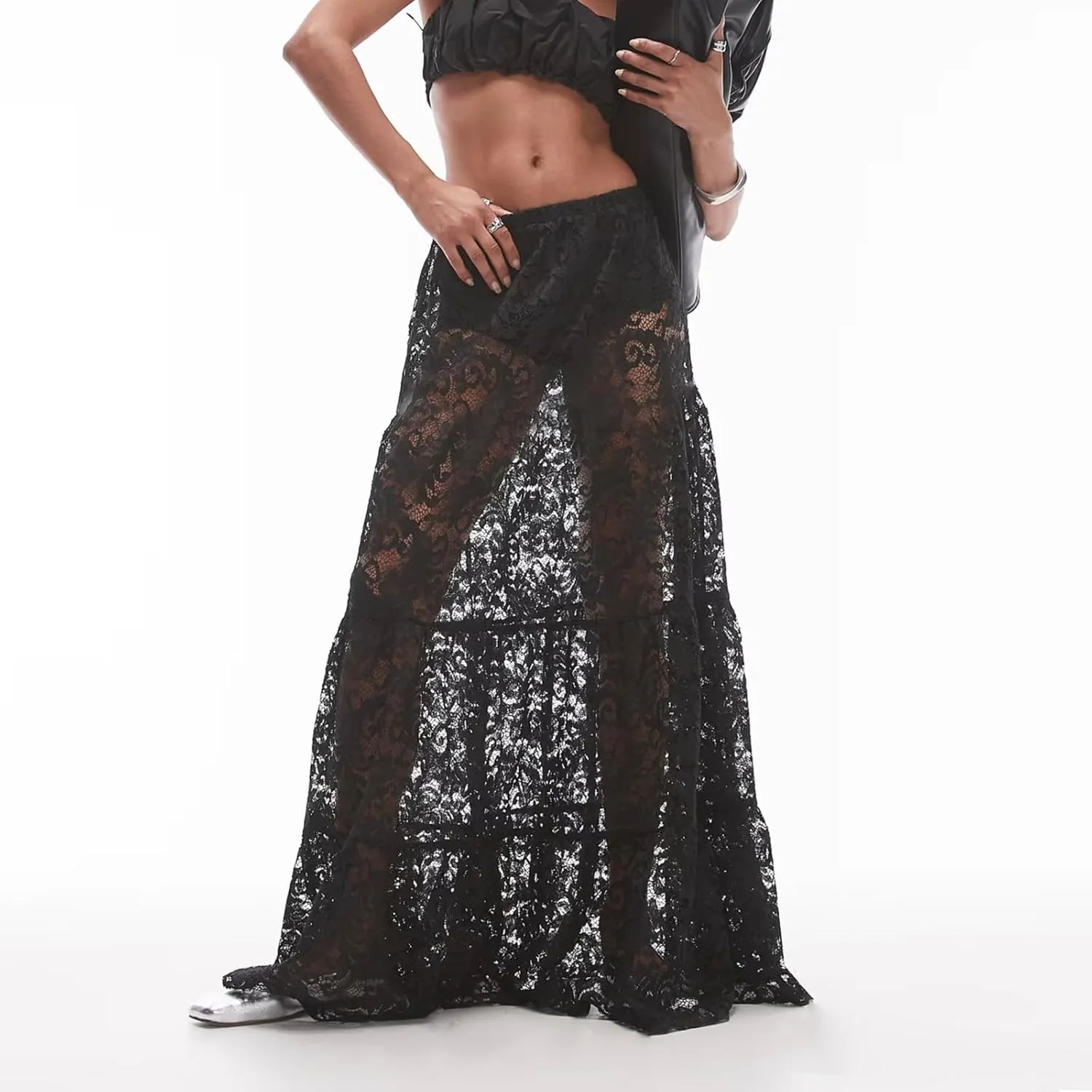 Women Crochet Knit Maxi Skirt Boho Eyelet Embroidery Ruffle Long Skirts Elastic Waist Flowy A-Line Beach Maxi Skirt