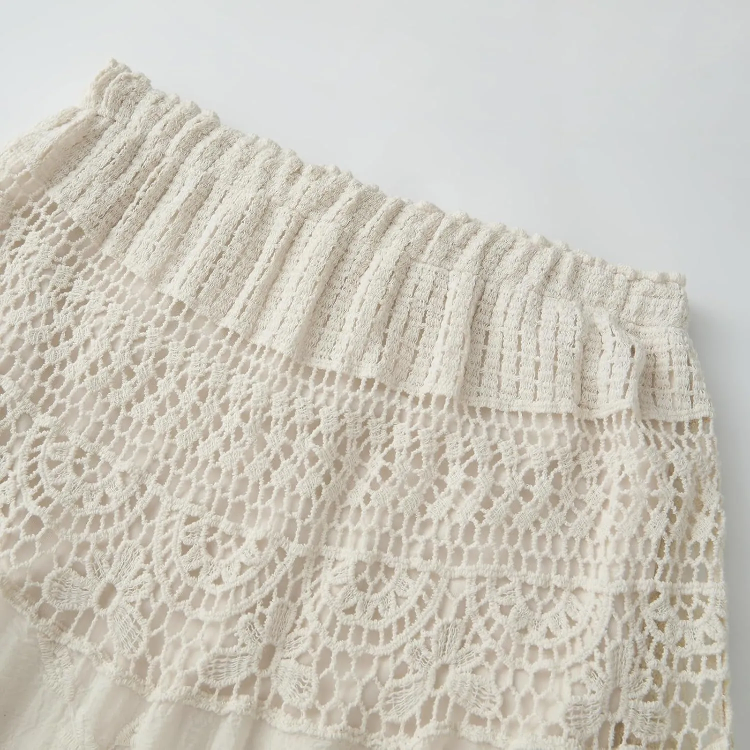 Women Crochet Knit Maxi Skirt Boho Eyelet Embroidery Ruffle Long Skirts Elastic Waist Flowy A-Line Beach Maxi Skirt
