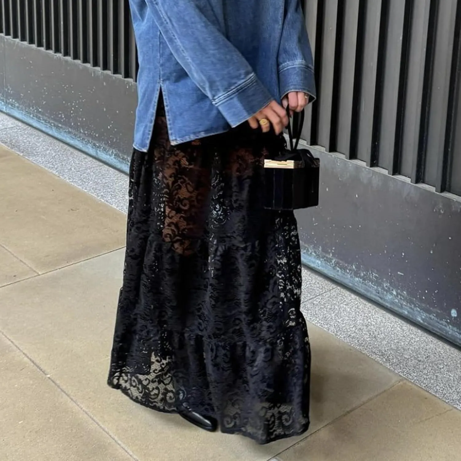 Women Crochet Knit Maxi Skirt Boho Eyelet Embroidery Ruffle Long Skirts Elastic Waist Flowy A-Line Beach Maxi Skirt