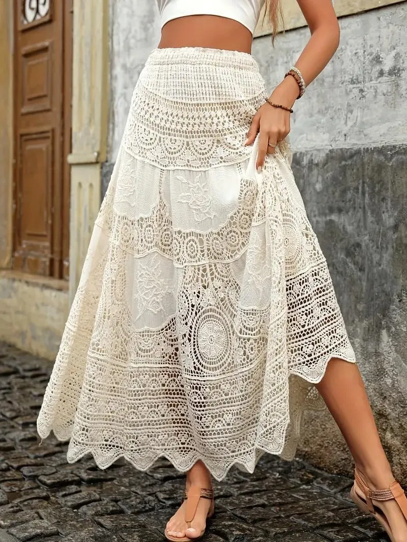 Women Crochet Knit Maxi Skirt Boho Eyelet Embroidery Ruffle Long Skirts Elastic Waist Flowy A-Line Beach Maxi Skirt