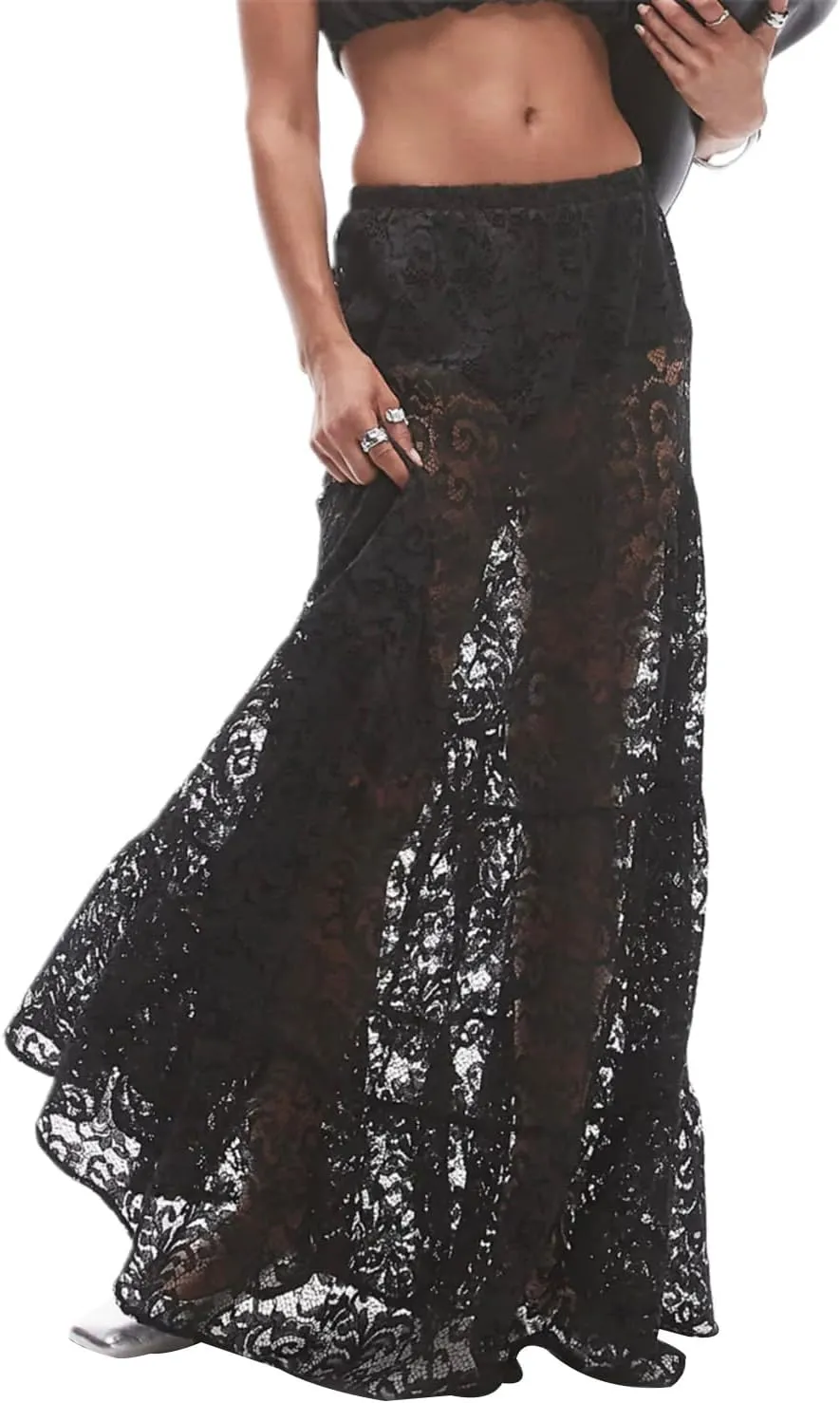 Women Crochet Knit Maxi Skirt Boho Eyelet Embroidery Ruffle Long Skirts Elastic Waist Flowy A-Line Beach Maxi Skirt