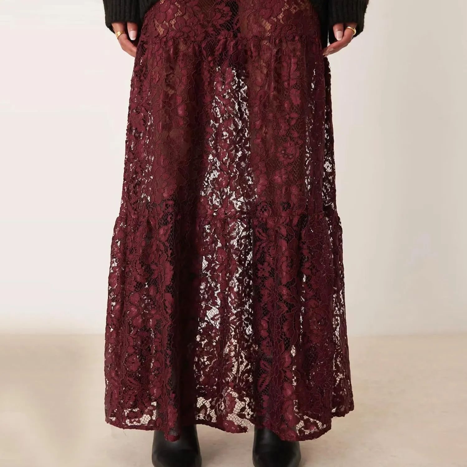 Women Crochet Knit Maxi Skirt Boho Eyelet Embroidery Ruffle Long Skirts Elastic Waist Flowy A-Line Beach Maxi Skirt