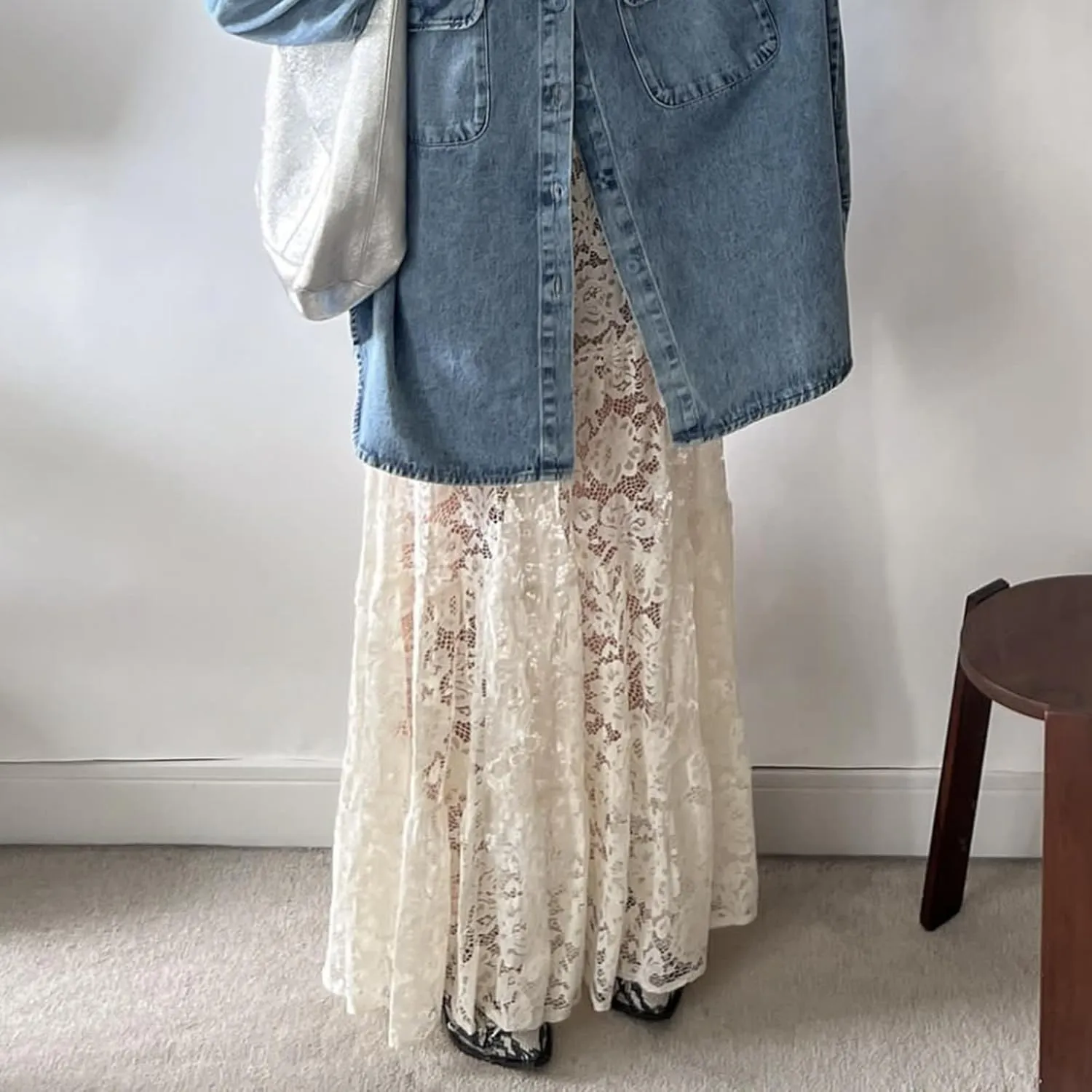 Women Crochet Knit Maxi Skirt Boho Eyelet Embroidery Ruffle Long Skirts Elastic Waist Flowy A-Line Beach Maxi Skirt