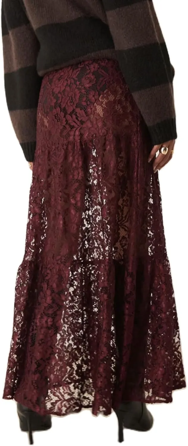 Women Crochet Knit Maxi Skirt Boho Eyelet Embroidery Ruffle Long Skirts Elastic Waist Flowy A-Line Beach Maxi Skirt
