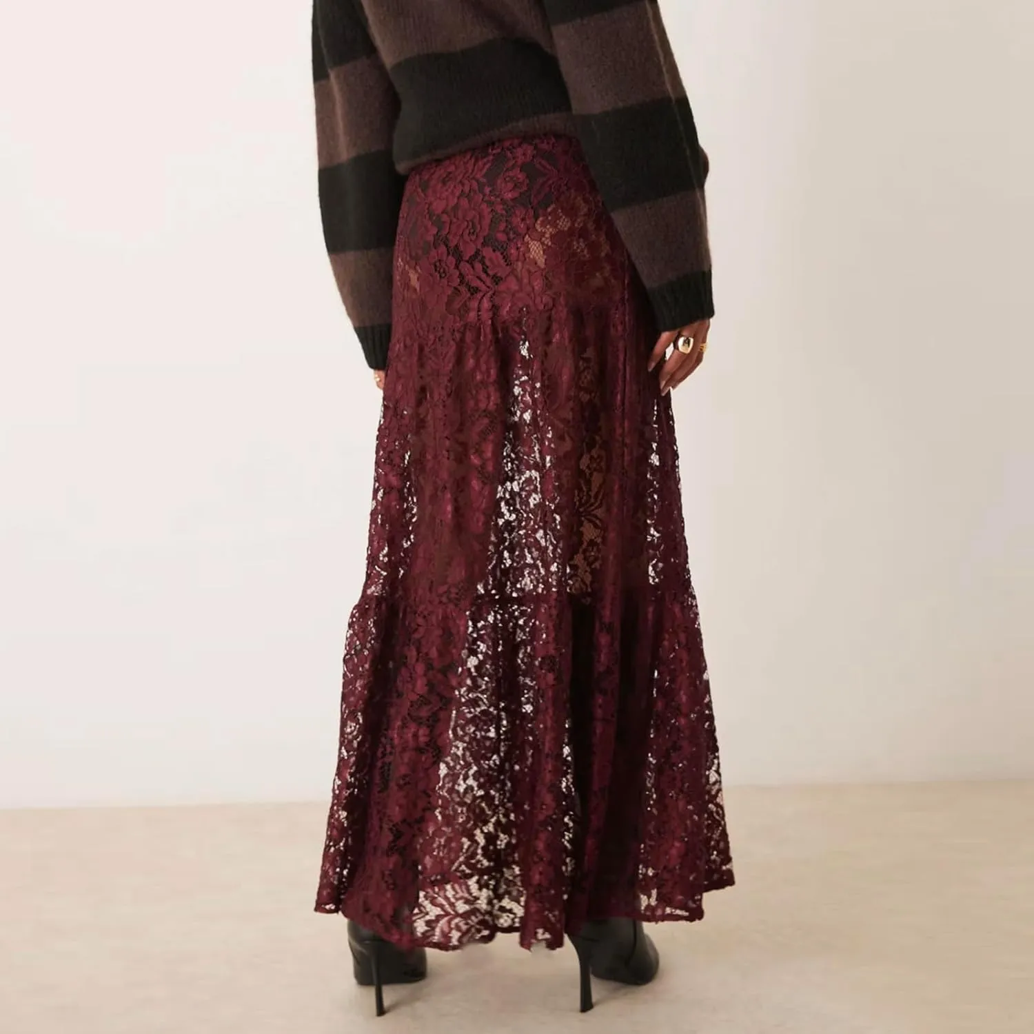 Women Crochet Knit Maxi Skirt Boho Eyelet Embroidery Ruffle Long Skirts Elastic Waist Flowy A-Line Beach Maxi Skirt