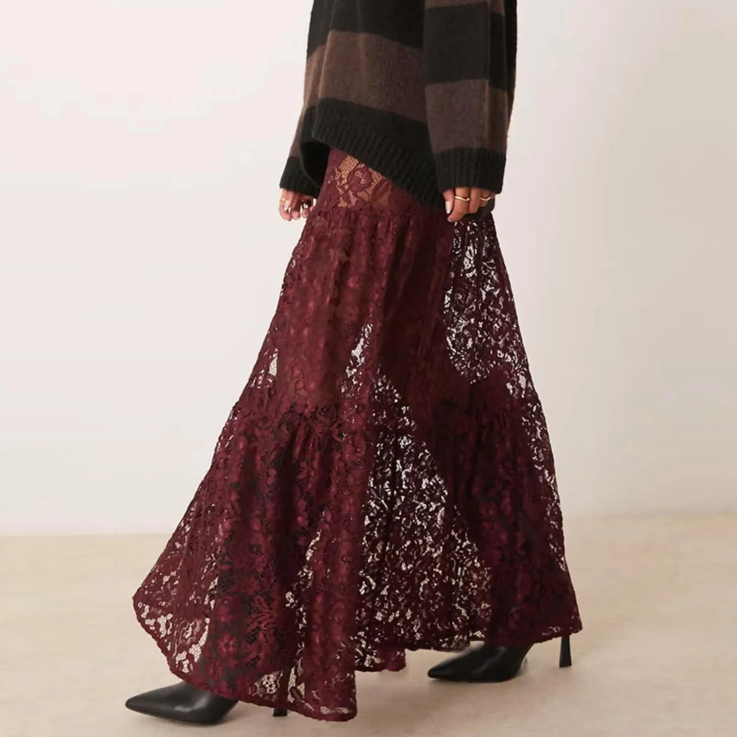 Women Crochet Knit Maxi Skirt Boho Eyelet Embroidery Ruffle Long Skirts Elastic Waist Flowy A-Line Beach Maxi Skirt